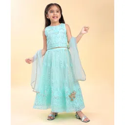 Babyhug Woven  Sleeveless Sequince Embroidered Choli with Lehenga and Dupatta - Aqua-image-2