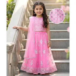 Babyhug Woven Sleeveless Sequined Embroidered Choli & Lehenga Set with Dupatta - Pink-image-29