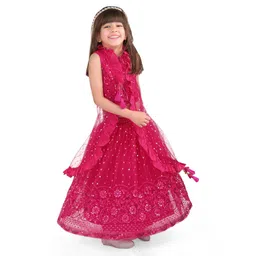 Babyhug Woven Sleeveless Sequined Embroidered Choli Lehenga Set with Shrug & Frill Detailing  - Fuschia-image-28
