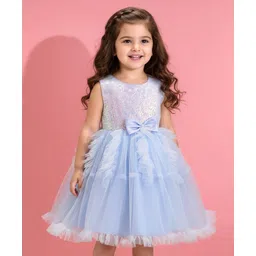 Babyhug Woven Sleeveless Sequined Fit & Flared  Party Frock with Bow Applique & Frill Detailing - Sky Blue-picture-12