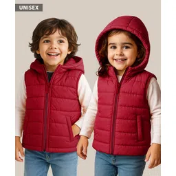 Babyhug Woven Sleeveless Solid Color Padded Hooded Jacket - Red-picture-19