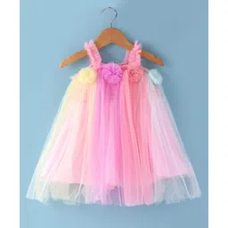 Babyhug Woven Sleeveless Solid Colour A Line Party Frock with Floral Applique - Yellow & Pink-picture-12