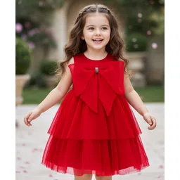 Babyhug Woven Sleeveless Tierred Party Frock with Bow Applique Solid Colour - Red-picture-10