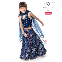 Babyhug Woven Sleeveless Velvet Floral Embroidered Halter Neck Choli with Lehenga and Net Dupatta Set - Teal Blue-image-6