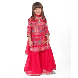 Babyhug Woven Three Fourth Sleeves Sequined Embroidered Kurti & Gharara Set with Dupatta - Fuschia-picture-21