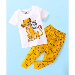 Babyhug Disney 100% Cotton Knit Single Jersey Half Sleeve Night Suit with Lion King Graphics - White & Yellow-picture-26