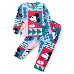 Babyhug Disney Cotton Knit Full Sleeves Night Suit with Mickey Mouse and Friends Print - White-picture-22