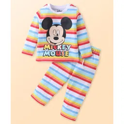 Babyhug Disney Cotton Knit Full Sleeves Striped Night Suit With Mickey Mouse Graphics - Red-picture-22