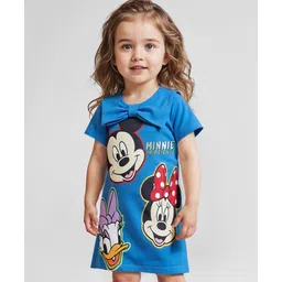 Babyhug Disney Cotton Knit Half Sleeves Dress with Minnie Mouse Graphics & Collar Detailing - Blue-picture-27