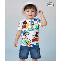 Babyhug Disney Cotton Knit Half Sleeves T-Shirt & Denim Shorts Set With Mickey & Friends Print - White-picture-28