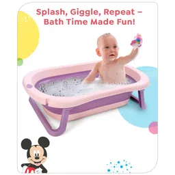 Babyhug Disney Foldable Baby Bathtub with Heat Sensitive Drain Plug & Mickey & Friends Graphics - Pink image 2