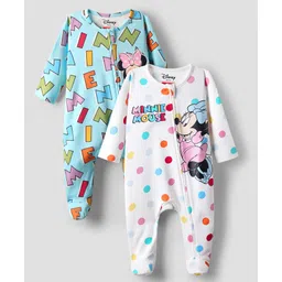 Babyhug Disney Interlock Knit Full Sleeves Footed Front Open Sleep Suits with Minnie Mouse Graphics Pack of 2 - White & Light Blue-picture-22