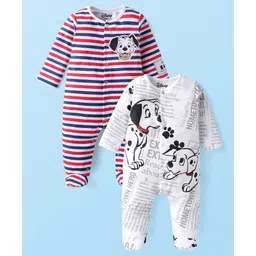 Babyhug Disney Interlock Knit Full Sleeves Footed Sleep Suits Striped & 101 Dalmatians Print Pack of 2 - White & Red-picture-24