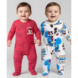Babyhug Disney Interlock Knit Full Sleeves Footed Sleep Suits With Mickey Mouse Graphics Pack Of 2 - Red & White-picture-28
