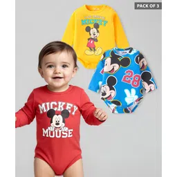 Babyhug Disney Interlock Knit Full Sleeves Onesies With Mickey Mouse Graphics Pack of 3 - Yellow Blue & Maroon-picture-20