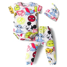 Babyhug Disney Interlock Knit Half Sleeves Onesie & Diaper Legging With Pony Cap Set Disney Character Print- White-picture-26