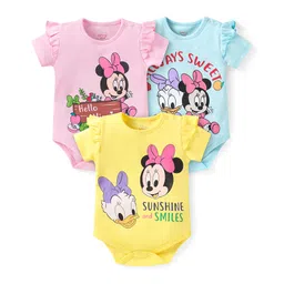 Babyhug Disney Interlock Knit Half Sleeves Onesies with Minnie Mouse Graphics & Frill Detailing Pack of 3 - Yellow Light Blue & Pink-picture-14