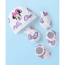 Babyhug Disney Interlock Knit Minnie Mouse Printed Cap Mittens & Booties Set -White-picture-29