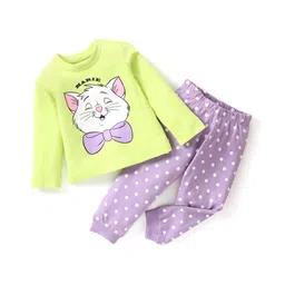 Babyhug Disney Single Jersey Full Sleeve Night Suit With Marie Graphics - Green & Purple-picture-26
