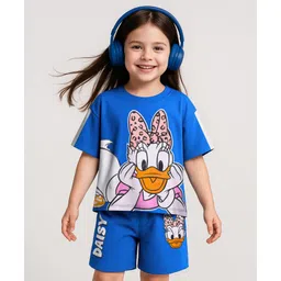 Babyhug Disney Single Jersey Half Sleeves Oversize Drop Shoulder T-Shirt & Shorts Set With Daisy Duck Graphics - Blue-picture-13
