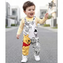 Babyhug Disney Single Jersey Knit Dungaree & Full Sleeves Striped T-Shirt With Winnie The Pooh Graphics - White & Yellow-picture-27