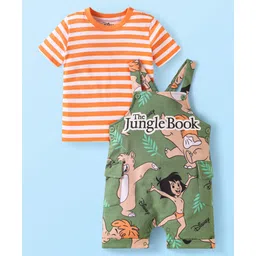 Babyhug Disney Single Jersey Knit Dungaree & Half Sleeves Striped T-Shirt With Jungle Book Graphics - Olive Green & Orange-picture-15
