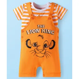 Babyhug Disney Single Jersey Knit Dungaree & Half Sleeves Striped T-Shirt with Lion King Graphic - Orange image 2