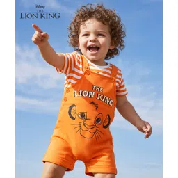 Babyhug Disney Single Jersey Knit Dungaree & Half Sleeves Striped T-Shirt with Lion King Graphic - Orange-picture-12