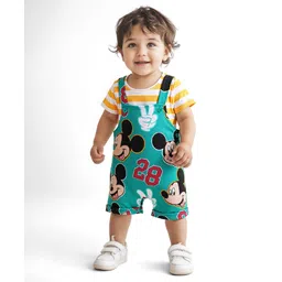 Babyhug Disney Single Jersey Knit Dungaree & Half Sleeves Striped T-Shirt With Mickey Mouse Graphics - Turquoise & Yellow-picture-16