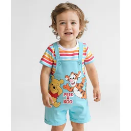 Babyhug Disney Single Jersey Knit Dungaree & Half Sleeves Striped T-Shirt with Winnie & Friends Graphic - Light Blue-picture-17
