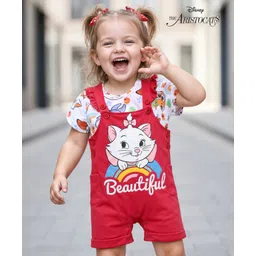 Babyhug Disney Single Jersey Knit Dungaree & Half Sleeves T-Shirt With Aristocats Marie Graphics - Red & White-picture-27