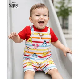 Babyhug Disney Single Jersey Knit Dungaree & Half Sleeves T-Shirt with Winnie & Friends Graphic - Red-picture-37