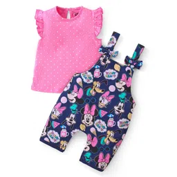 Babyhug Disney Single Jersey Knit  Dungaree with Frill Sleeve T-Shirt with Frill Detailing & Minnie Mouse Family  Print - Navy Blue & Pink-picture-25