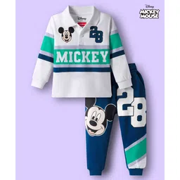 Babyhug Disney Single Jersey Knit Full Sleeves Cut & Sew Polo Neck T-Shirt & Trackpant Set with Mickey Mouse Graphics - White & Navy Blue-picture-22
