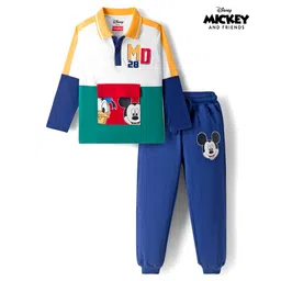 Babyhug Disney Single Jersey Knit Full Sleeves Cut & Sew Polo T-Shirt & Lounge Pant Set with Mickey & Friends Graphic - Blue-picture-16