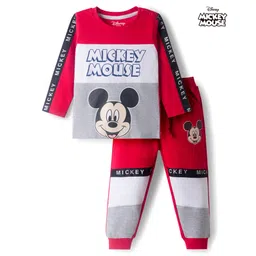 Babyhug Disney Single Jersey Knit Full Sleeves Cut & Sew T-Shirt & Lounge Pant Set with Mickey Mouse Graphic & Tape Detailing - Red-picture-13