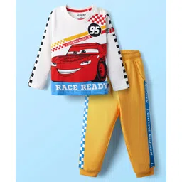 Babyhug Disney Single Jersey Knit Full Sleeves Cut and Sew T-Shirts & Lounge Pant with Cars Graphic and Badge Detailing - White & Yellow-picture-29