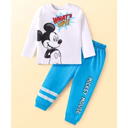 Babyhug Disney Single Jersey Knit Full Sleeves Night Suit with Mickey Mouse Graphics - Blue & White-picture-16