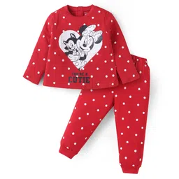 Babyhug Disney Single Jersey Knit Full Sleeves Night Suit With Minnie Mouse Graphics - Red-picture-12