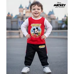 Babyhug Disney Single Jersey Knit Full Sleeves T-Shirt & Joggers Set with Mickey Mouse Graphic - Red White & Black-picture-14