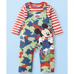 Babyhug Disney Single Jersey Knit Full Sleeves T-Shirt with Dungaree Mickey Mouse Graphics & Camouflage Detailing - Green & Red-picture-28