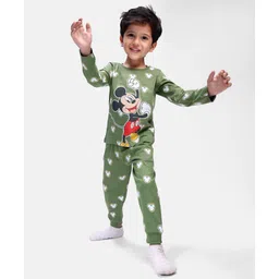 Babyhug Disney Single Jersey Knit Full Sleeves WinterNight SuitWith Mickey Mouse Graphics - Olive Green-picture-14