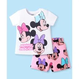 Babyhug Disney Single Jersey Knit Half Sleeves Shorts Night Suit with Minnie Mouse Graphics - Pink & White-picture-22