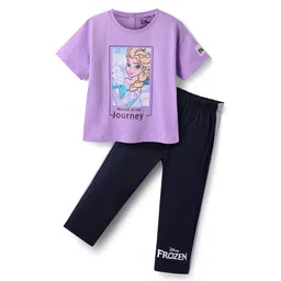 Babyhug Disney Single Jersey Knit Half Sleeves T-Shirt And Lounge Pants Set With Disney Princess Graphics - Lavender-picture-23