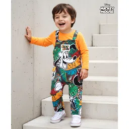 Babyhug Disney Terry Knit Full Sleeves Dungaree Set With Mickey Mouse All Over Print Badge Detailing - Yellow-picture-13