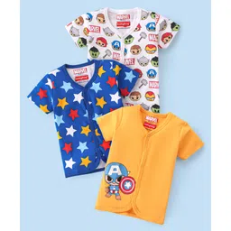 Babyhug Marvel 100% Cotton Knit Half Sleeves Jhabla With Avengers & Star Print Pack Of 3 - White Navy Blue & Yellow-picture-27