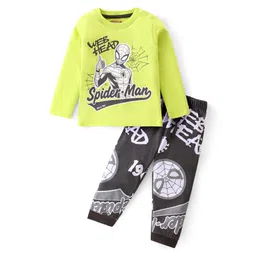 Babyhug Marvel Cotton Knit Full Sleeves Night Suit With Spider Man Graphics - Neon Green & Black-picture-38