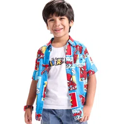 Babyhug Marvel Cotton Knit  Half Sleeve Regular Collar Spiderman Printed Shirt with T-Shirt - Blue & White-picture-35