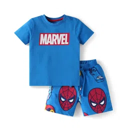 Babyhug Marvel Cotton Knit Half Sleeve Shorts Night Suit with Spiderman Graphics - Blue-picture-14