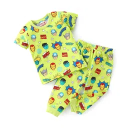 Babyhug Marvel Cotton Knit Half Sleeves Night Suit With Avengers Print - Green-picture-10